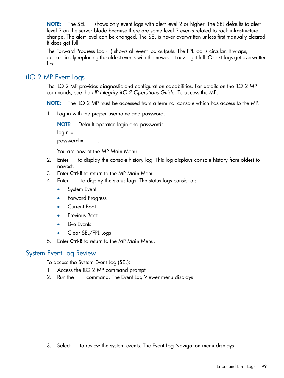 Ilo 2 mp event logs, System event log review, Ilo 2 mp event logs system event log review | HP BL860C User Manual | Page 99 / 184