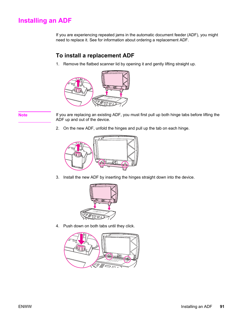 Installing an adf, To install a replacement adf | HP 3380 User Manual | Page 103 / 196