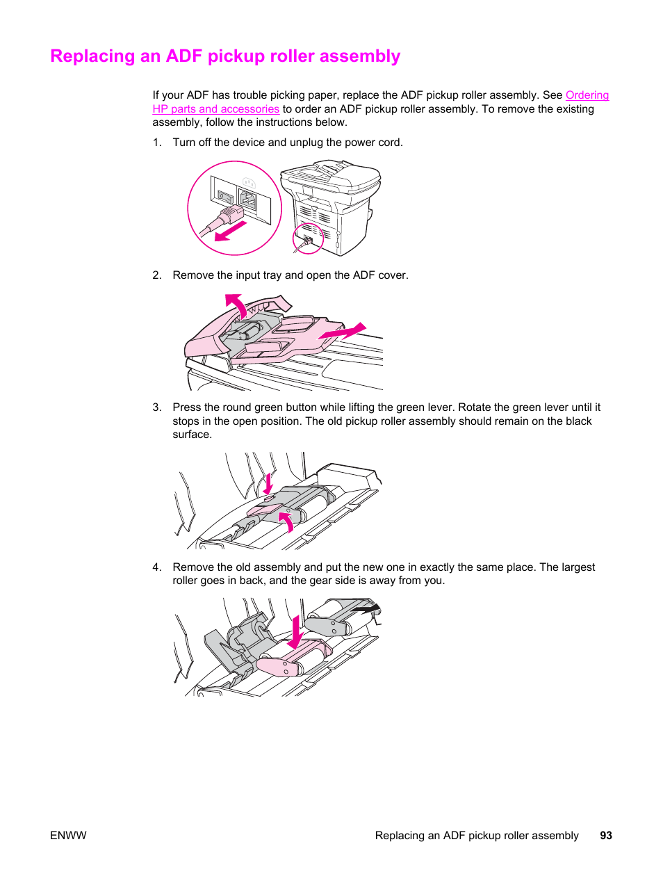 Replacing an adf pickup roller assembly | HP 3380 User Manual | Page 105 / 196