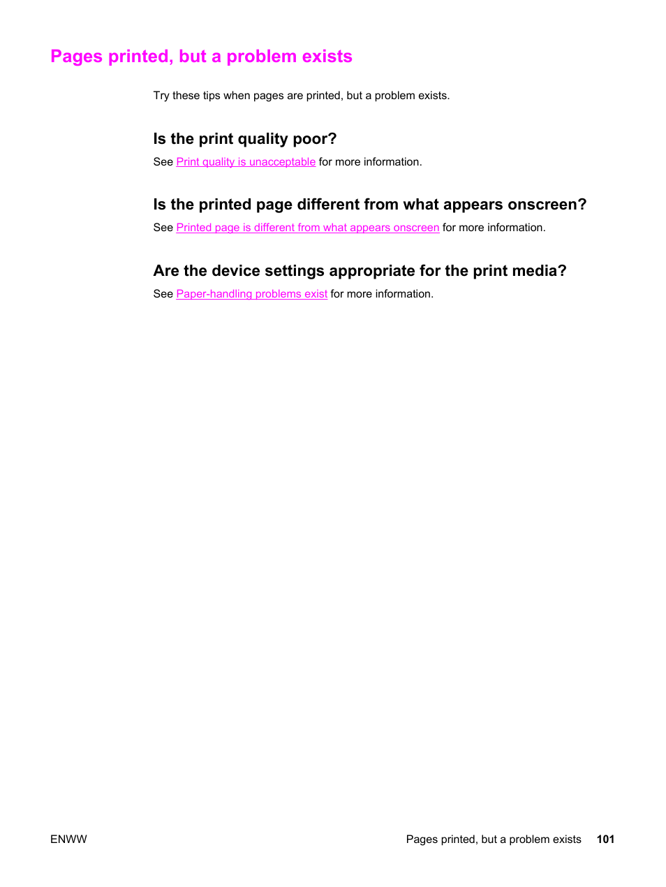 Is the print quality poor, Pages printed, but a problem exists | HP 3380 User Manual | Page 113 / 196