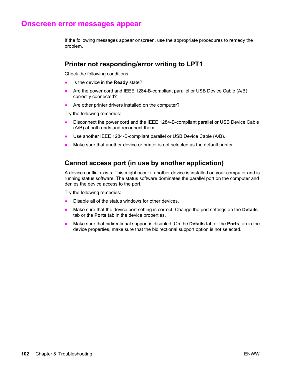 Onscreen error messages appear, Printer not responding/error writing to lpt1, Cannot access port (in use by another application) | HP 3380 User Manual | Page 114 / 196