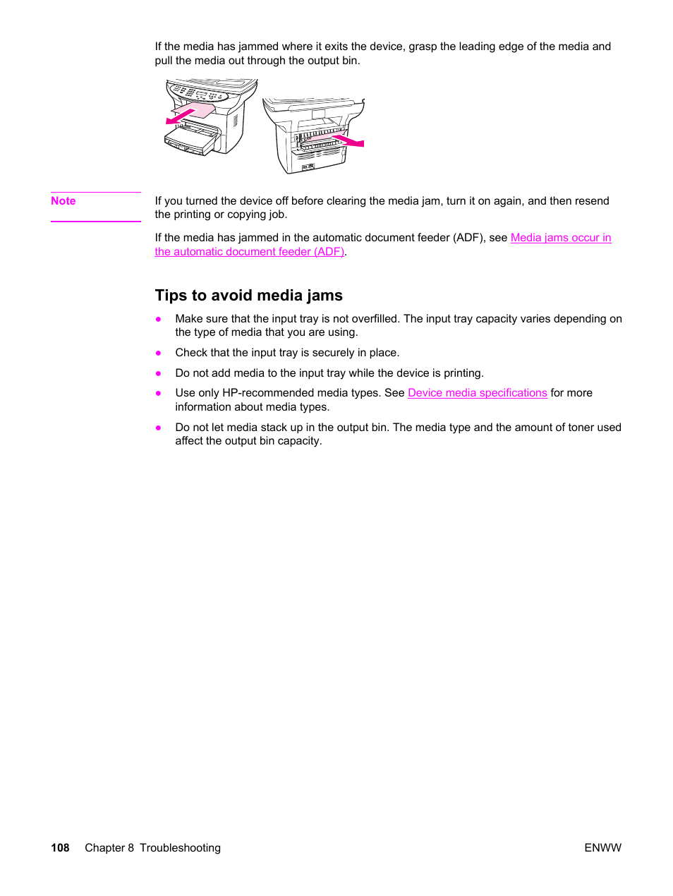 Tips to avoid media jams | HP 3380 User Manual | Page 120 / 196