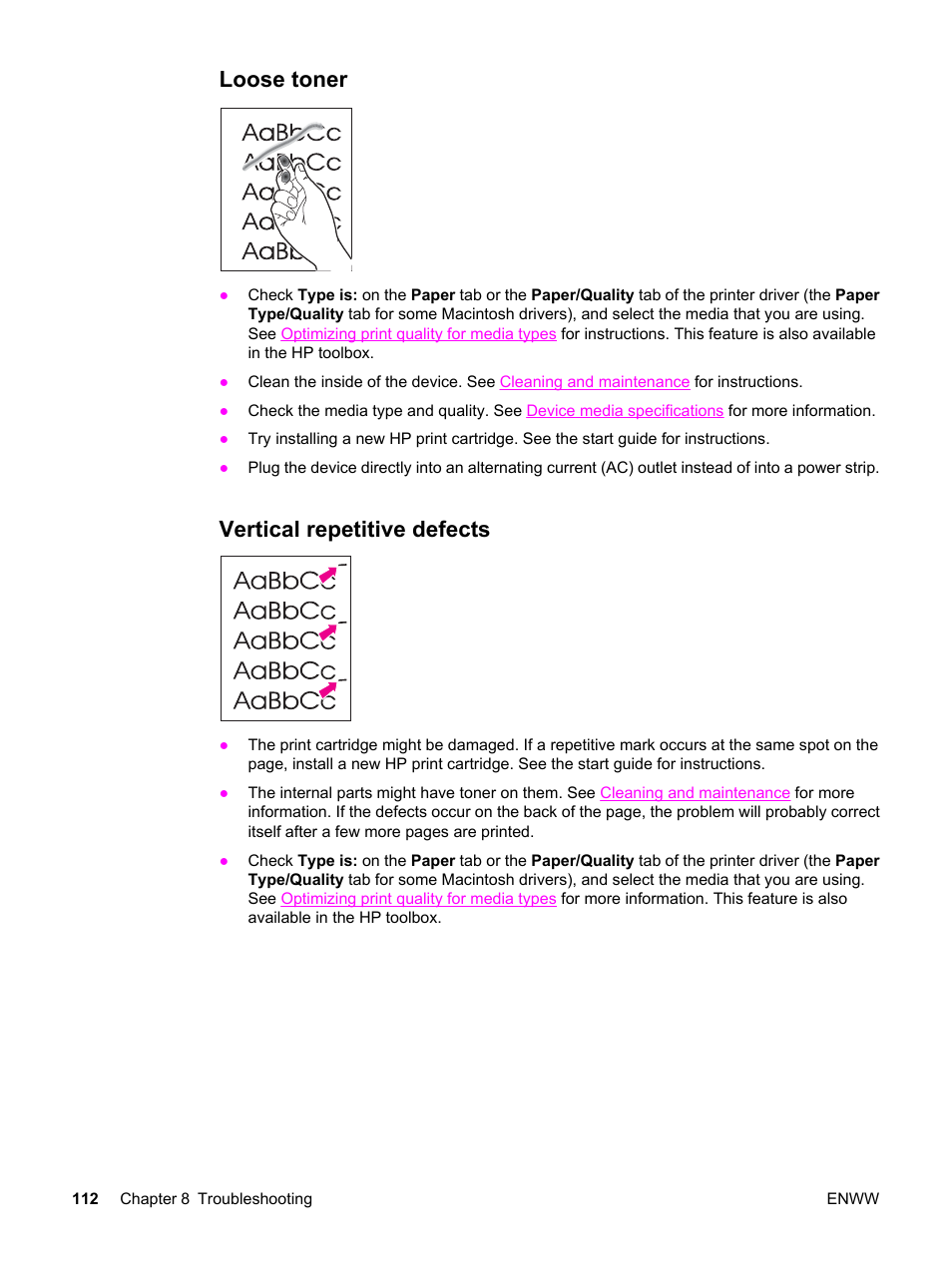 Loose toner, Vertical repetitive defects, Loose toner vertical repetitive defects | HP 3380 User Manual | Page 124 / 196