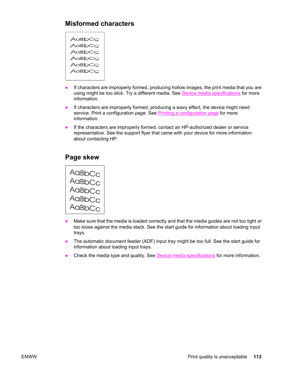 Misformed characters, Page skew | HP 3380 User Manual | Page 125 / 196