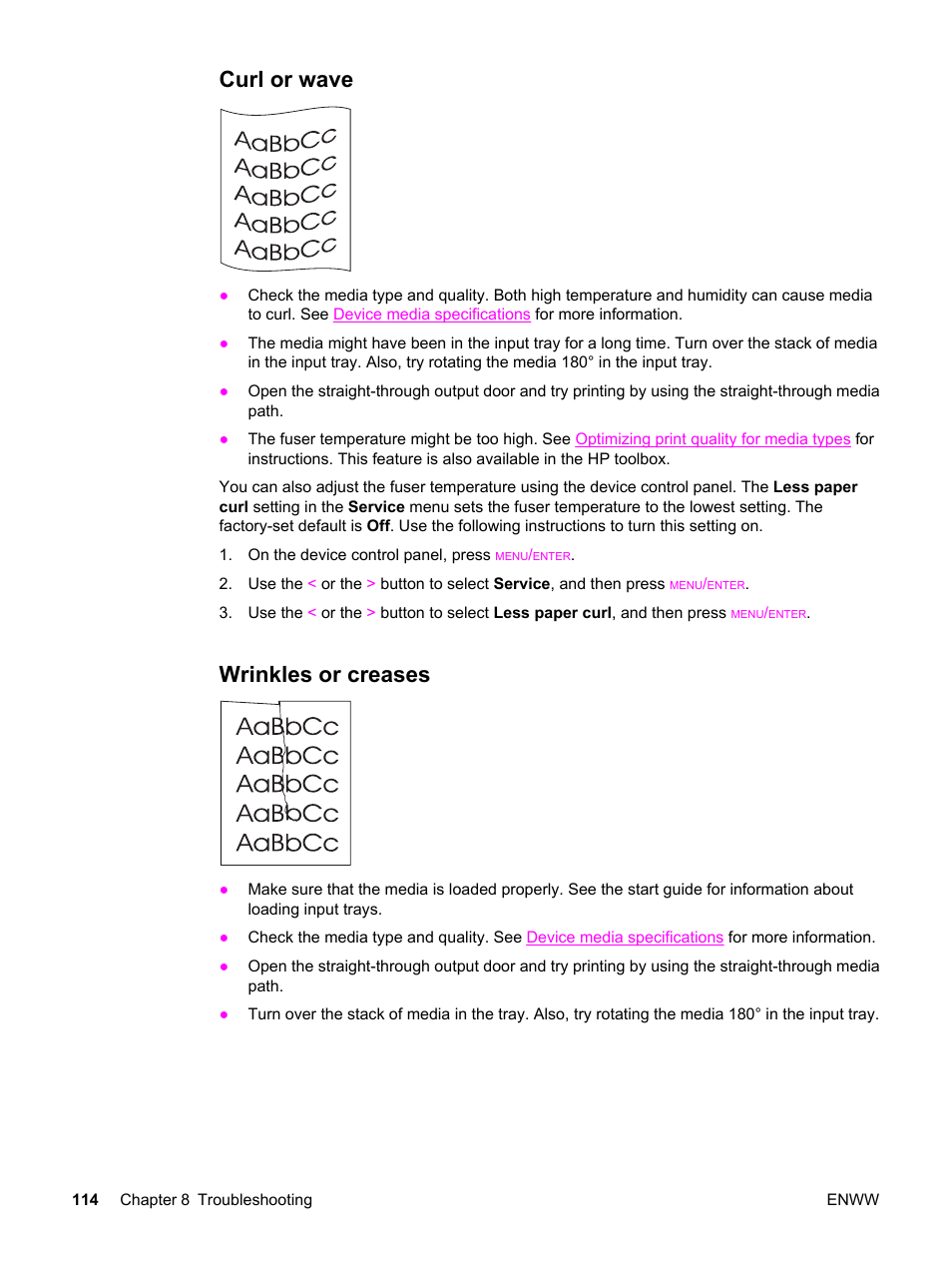 Curl or wave, Wrinkles or creases, Curl or wave wrinkles or creases | For more | HP 3380 User Manual | Page 126 / 196