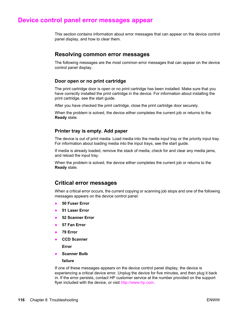 Device control panel error messages appear, Resolving common error messages, Critical error messages | HP 3380 User Manual | Page 128 / 196