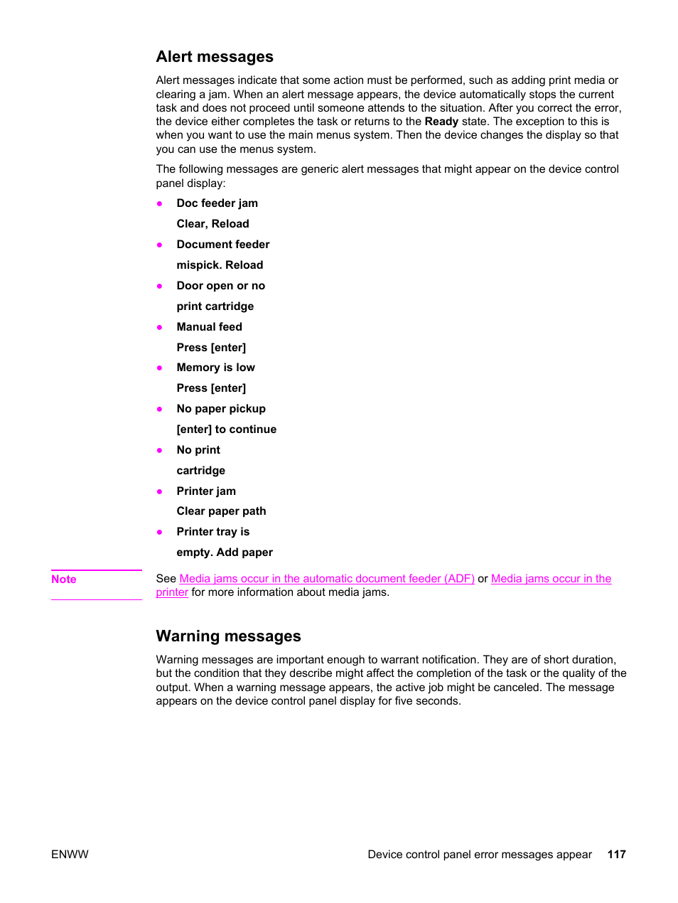 Alert messages, Warning messages, Alert messages warning messages | HP 3380 User Manual | Page 129 / 196