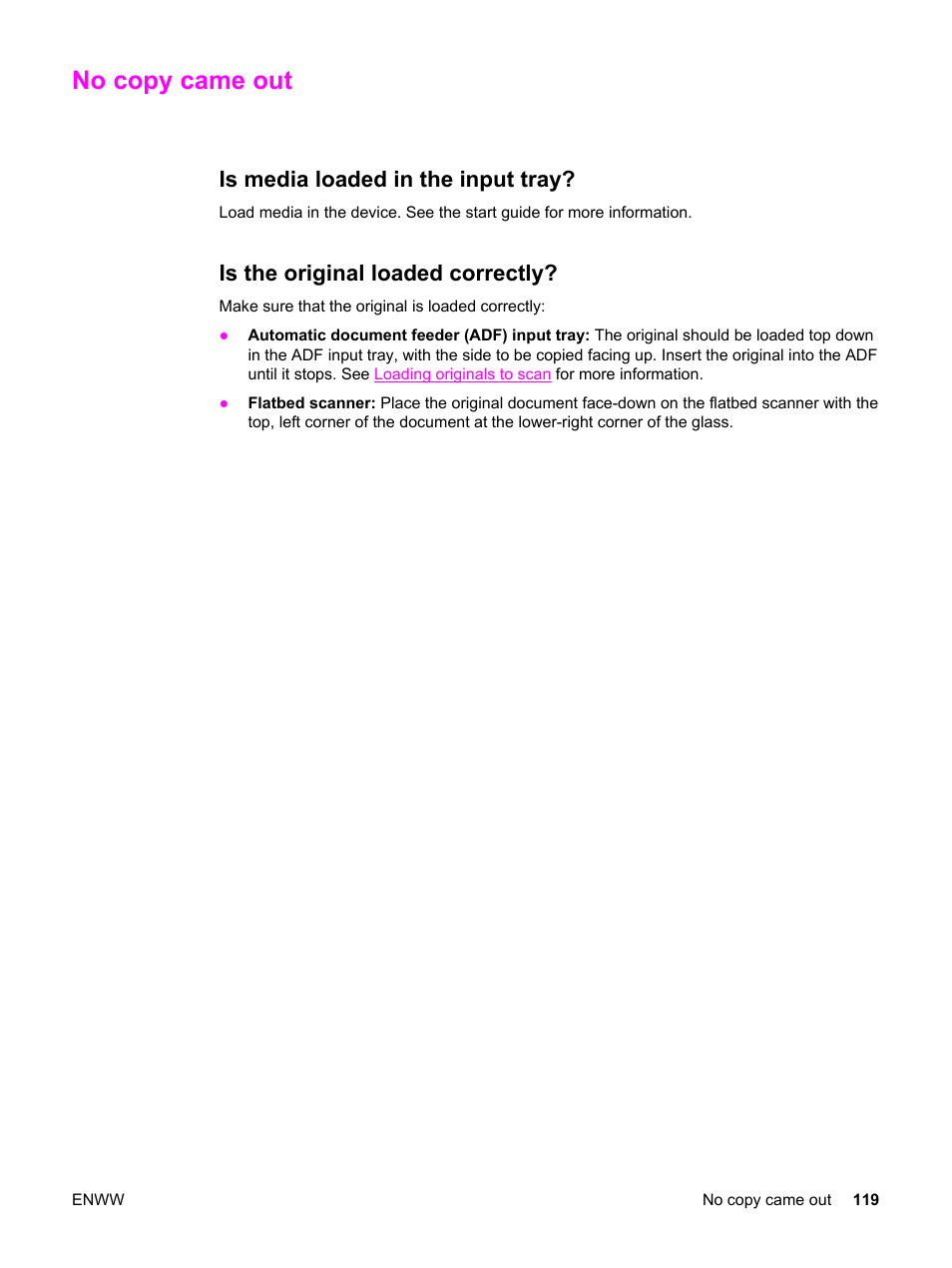 No copy came out, Is media loaded in the input tray, Is the original loaded correctly | HP 3380 User Manual | Page 131 / 196