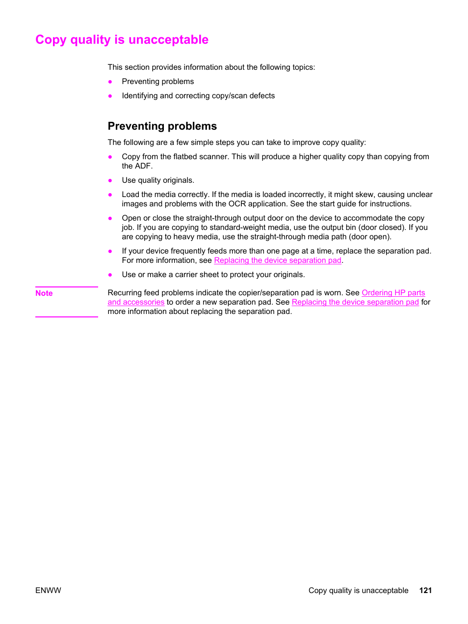Copy quality is unacceptable, Preventing problems | HP 3380 User Manual | Page 133 / 196