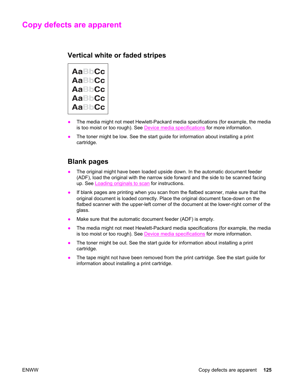 Copy defects are apparent, Vertical white or faded stripes, Blank pages | HP 3380 User Manual | Page 137 / 196