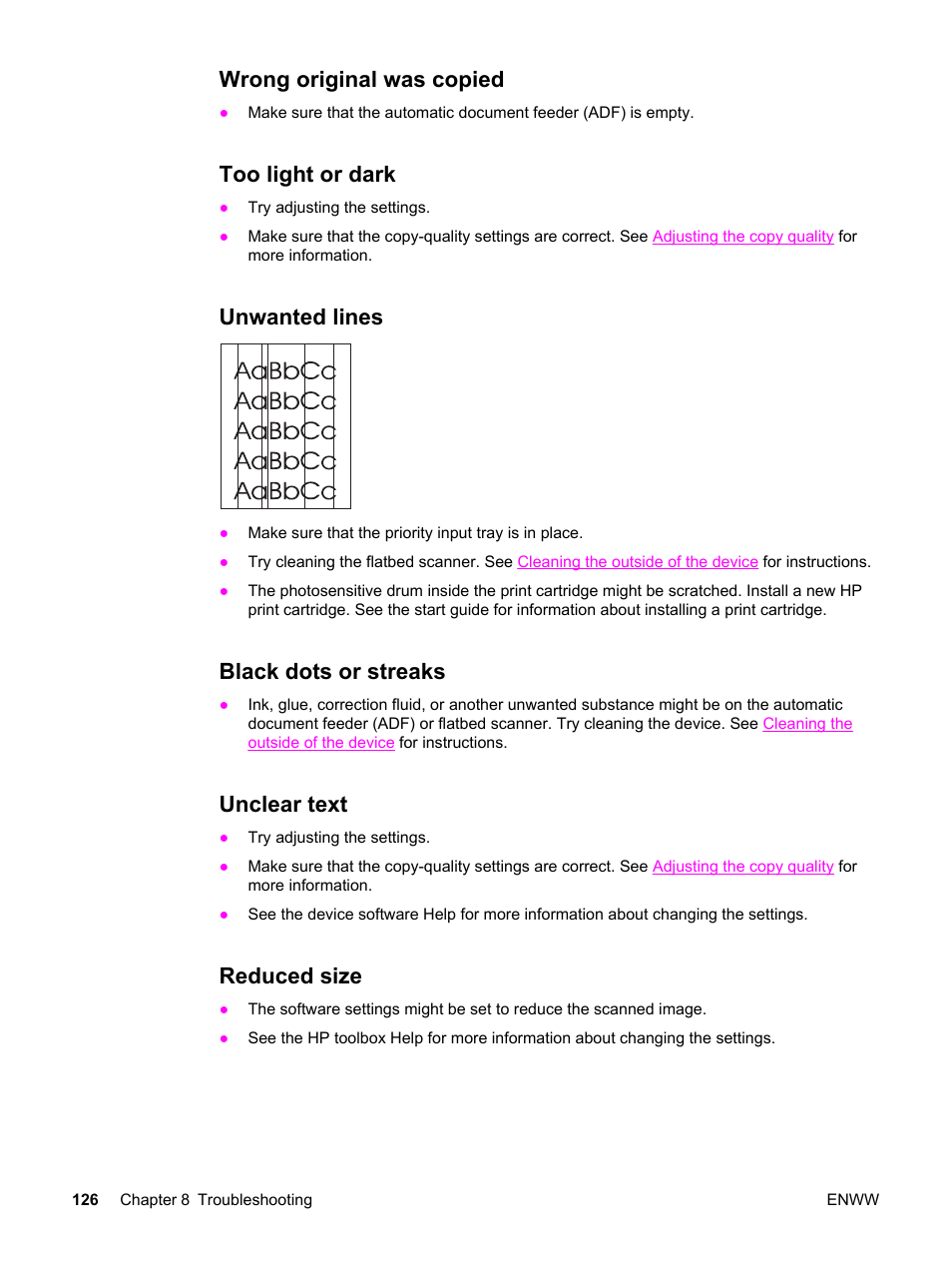 Wrong original was copied, Too light or dark, Unwanted lines | Black dots or streaks, Unclear text, Reduced size | HP 3380 User Manual | Page 138 / 196