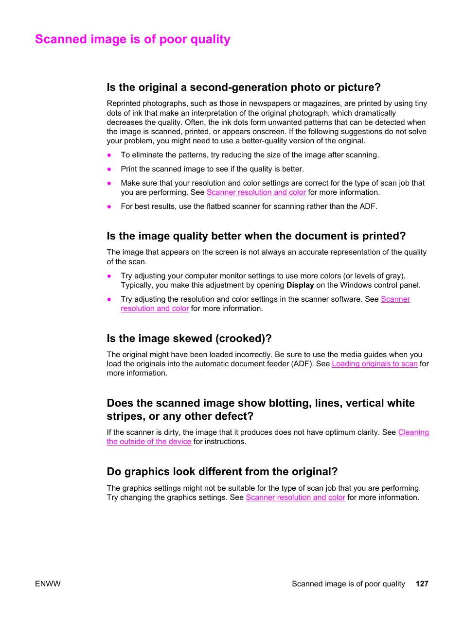 Scanned image is of poor quality, Is the image skewed (crooked), Do graphics look different from the original | HP 3380 User Manual | Page 139 / 196