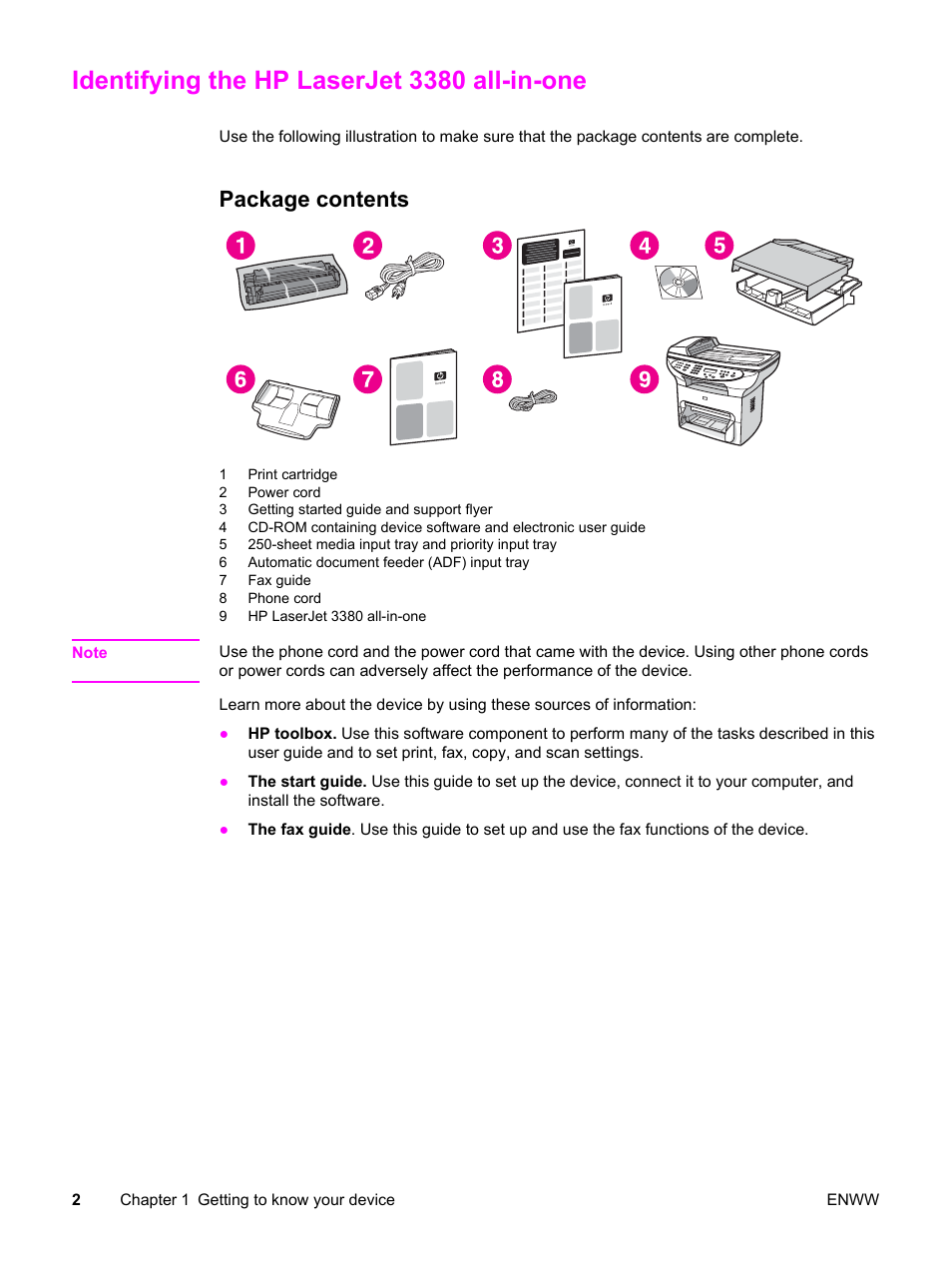 Identifying the hp laserjet 3380 all-in-one, Package contents | HP 3380 User Manual | Page 14 / 196