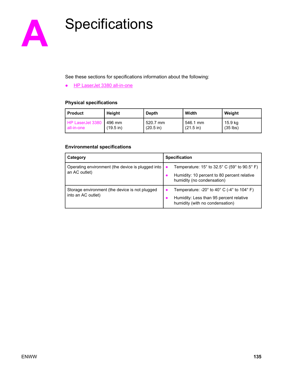 Specifications, Appendix a specifications | HP 3380 User Manual | Page 147 / 196