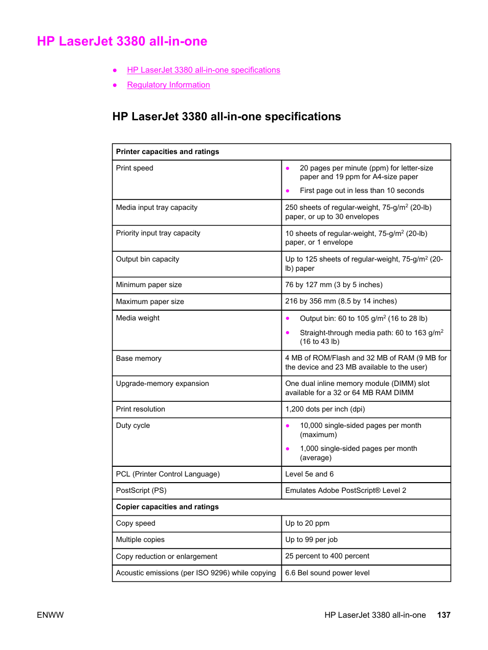 Hp laserjet 3380 all-in-one, Hp laserjet 3380 all-in-one specifications | HP 3380 User Manual | Page 149 / 196