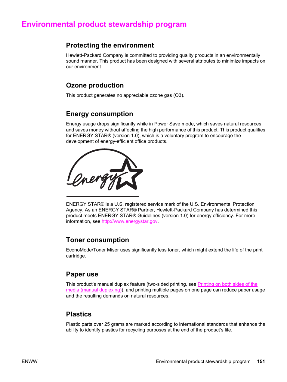 Environmental product stewardship program, Protecting the environment, Ozone production | Energy consumption, Toner consumption, Paper use, Plastics | HP 3380 User Manual | Page 163 / 196