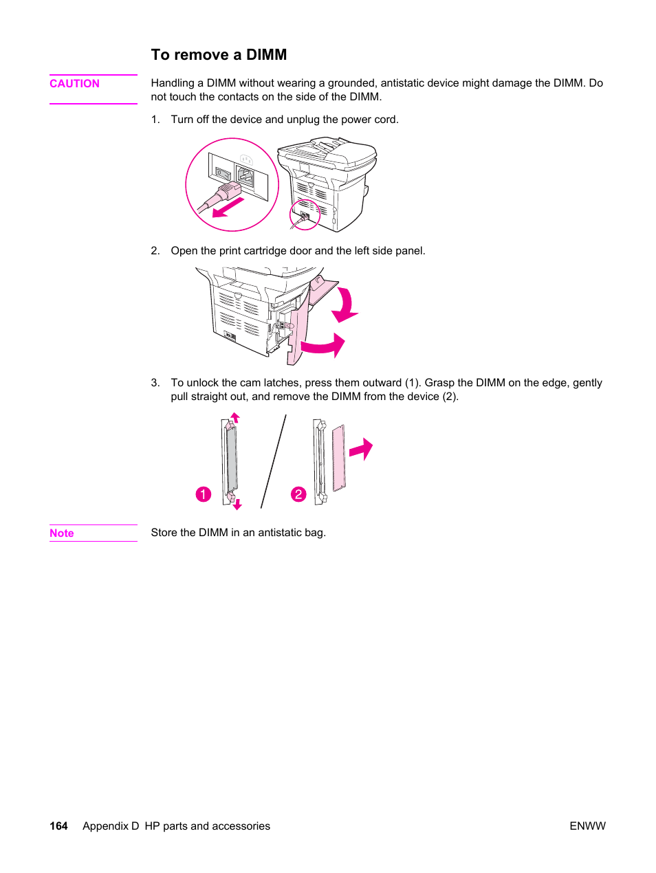 To remove a dimm | HP 3380 User Manual | Page 176 / 196