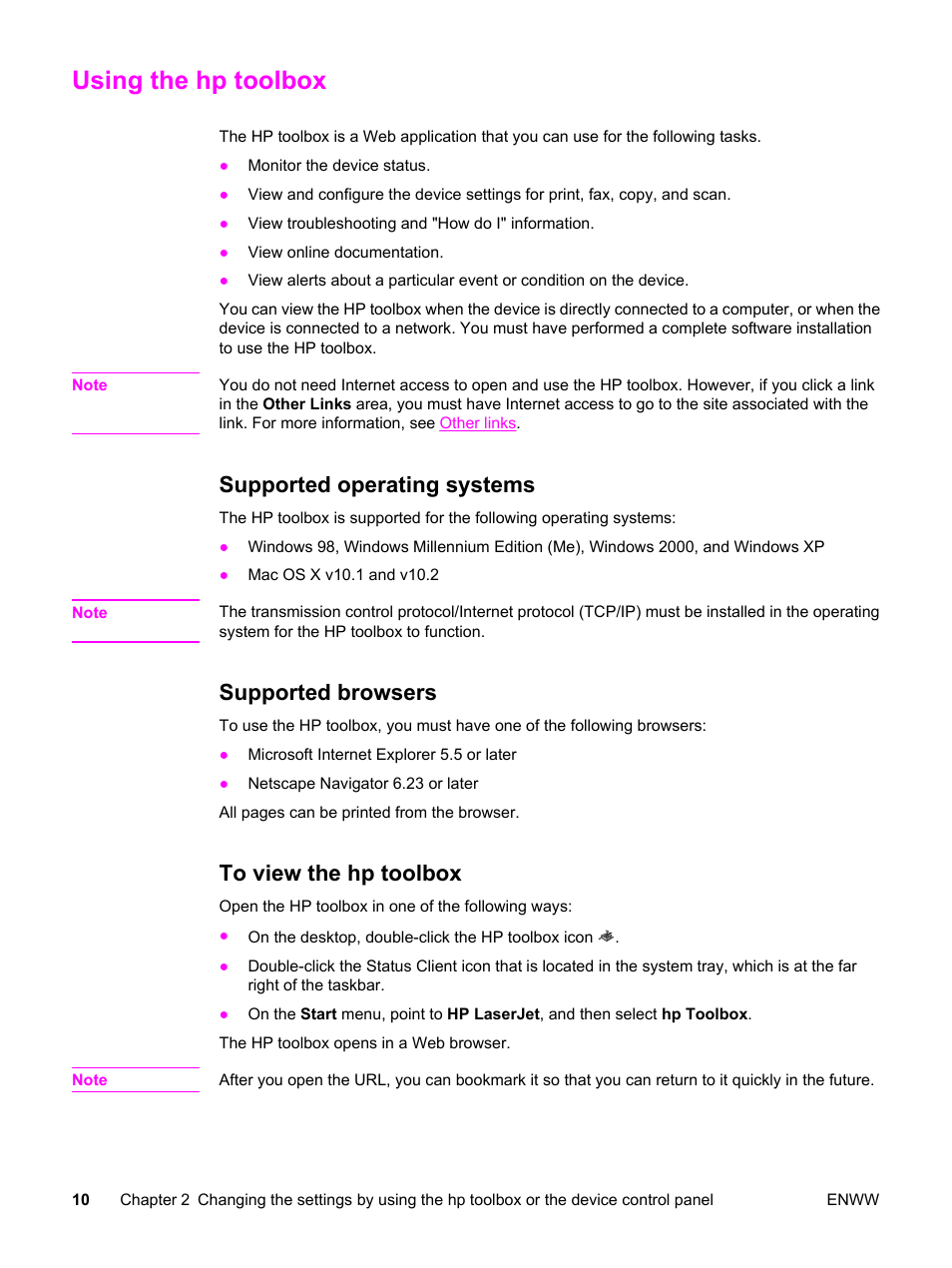 Using the hp toolbox, Supported operating systems, Supported browsers | To view the hp toolbox | HP 3380 User Manual | Page 22 / 196