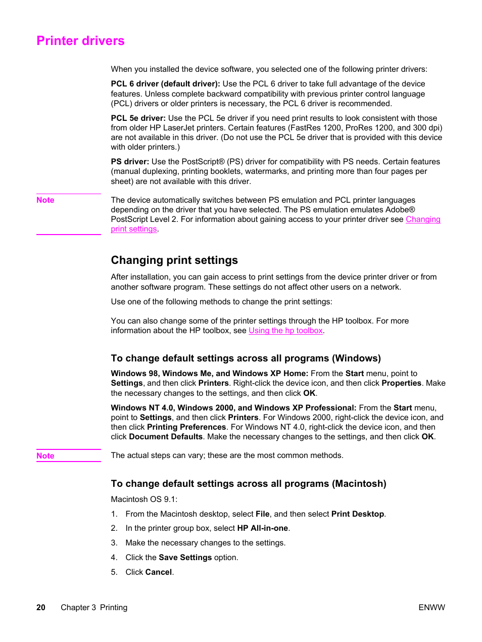 Printer drivers, Changing print settings | HP 3380 User Manual | Page 32 / 196