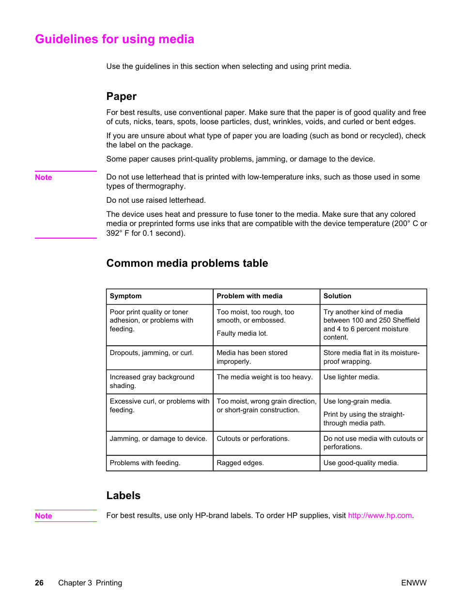 Guidelines for using media, Paper, Common media problems table | Labels, Paper common media problems table labels | HP 3380 User Manual | Page 38 / 196