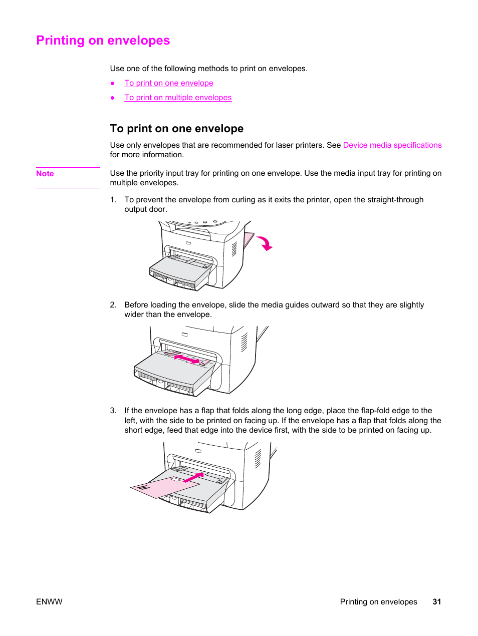 Printing on envelopes, To print on one envelope | HP 3380 User Manual | Page 43 / 196