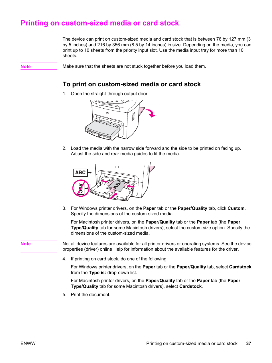 Printing on custom-sized media or card stock, To print on custom-sized media or card stock | HP 3380 User Manual | Page 49 / 196