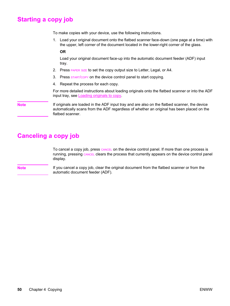 Starting a copy job, Canceling a copy job, Starting a copy job canceling a copy job | HP 3380 User Manual | Page 62 / 196