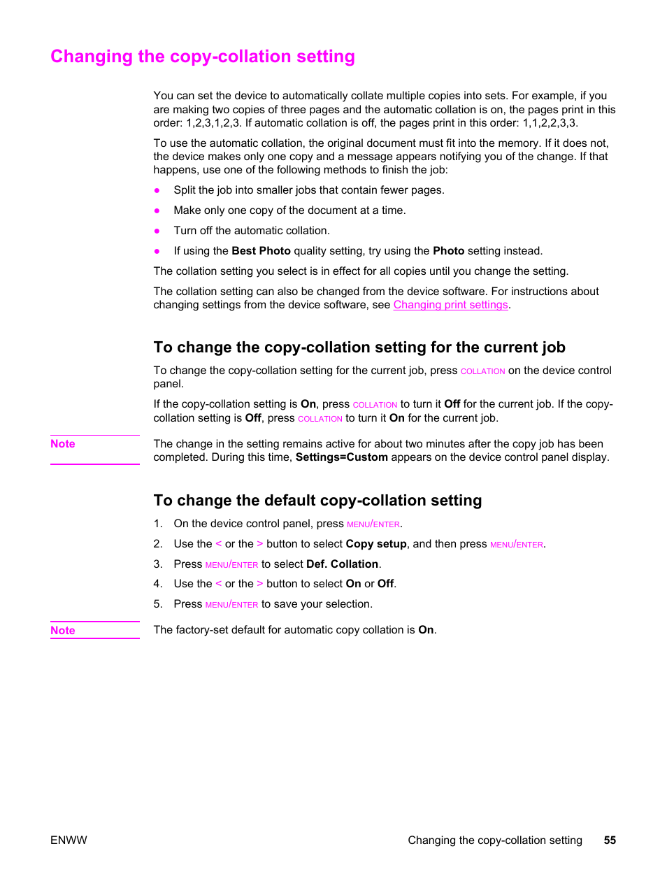 Changing the copy-collation setting, To change the default copy-collation setting | HP 3380 User Manual | Page 67 / 196