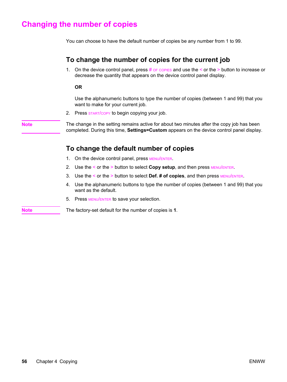Changing the number of copies, To change the number of copies for the current job, To change the default number of copies | HP 3380 User Manual | Page 68 / 196