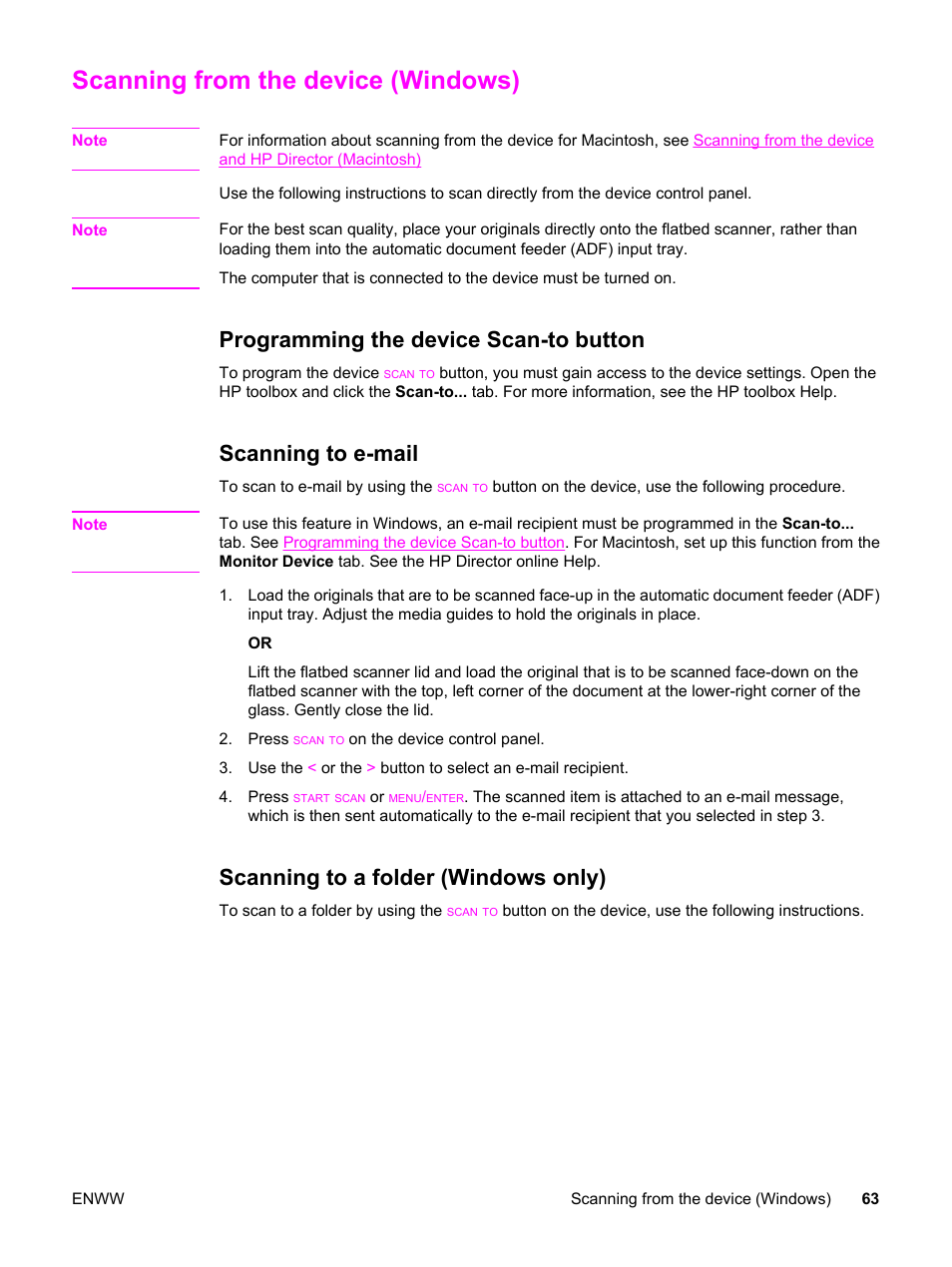 Scanning from the device (windows), Programming the device scan-to button, Scanning to e-mail | Scanning to a folder (windows only), Scanning from the device, Windows) | HP 3380 User Manual | Page 75 / 196