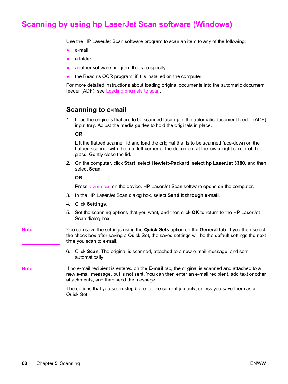 Scanning to e-mail, Scanning by using hp, Laserjet scan software (windows) | HP 3380 User Manual | Page 80 / 196