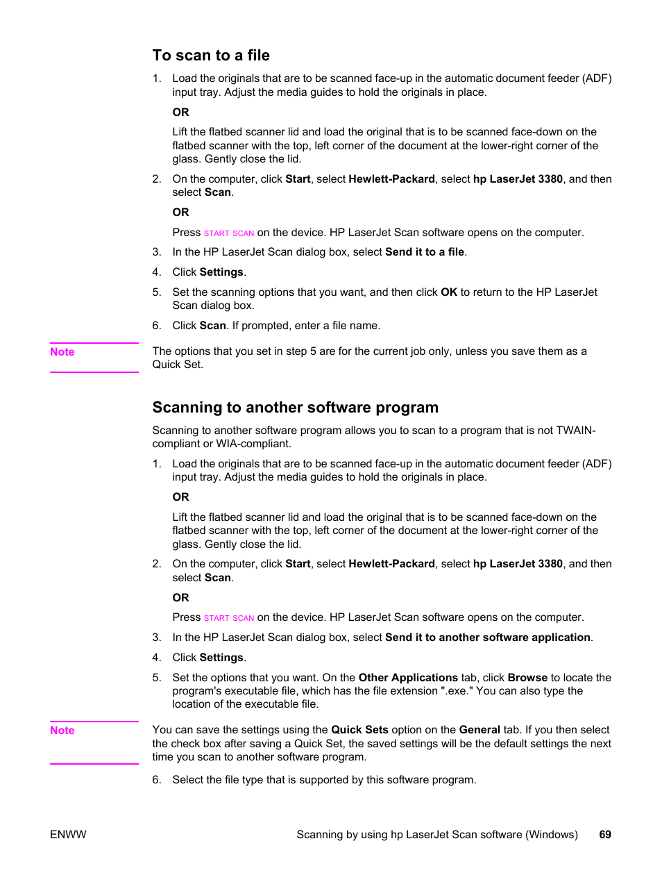 To scan to a file, Scanning to another software program | HP 3380 User Manual | Page 81 / 196