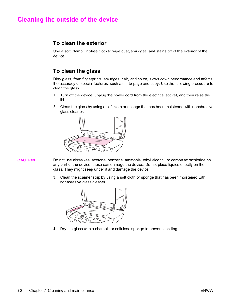 Cleaning the outside of the device, To clean the exterior, To clean the glass | To clean the exterior to clean the glass | HP 3380 User Manual | Page 92 / 196