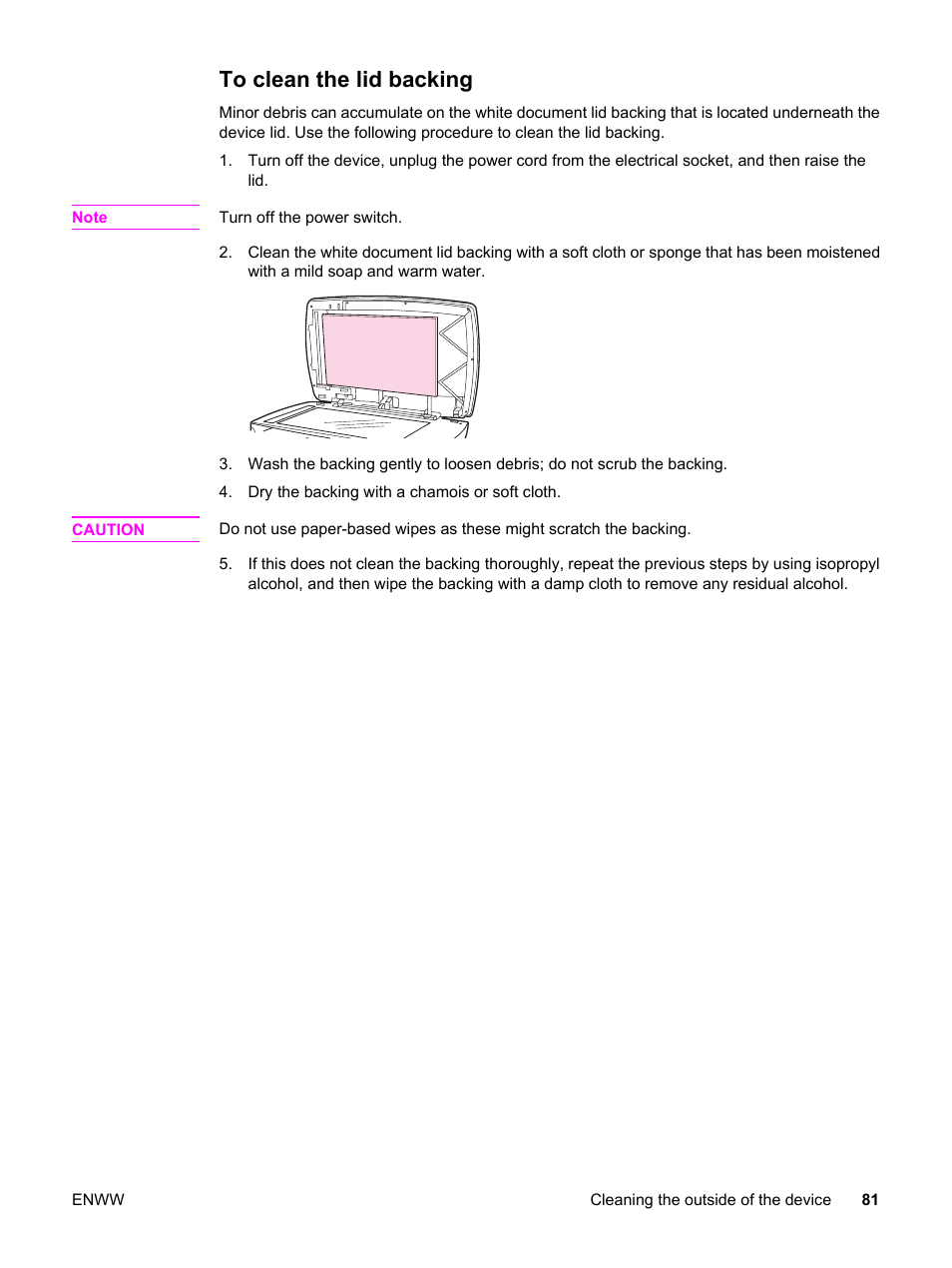 To clean the lid backing | HP 3380 User Manual | Page 93 / 196