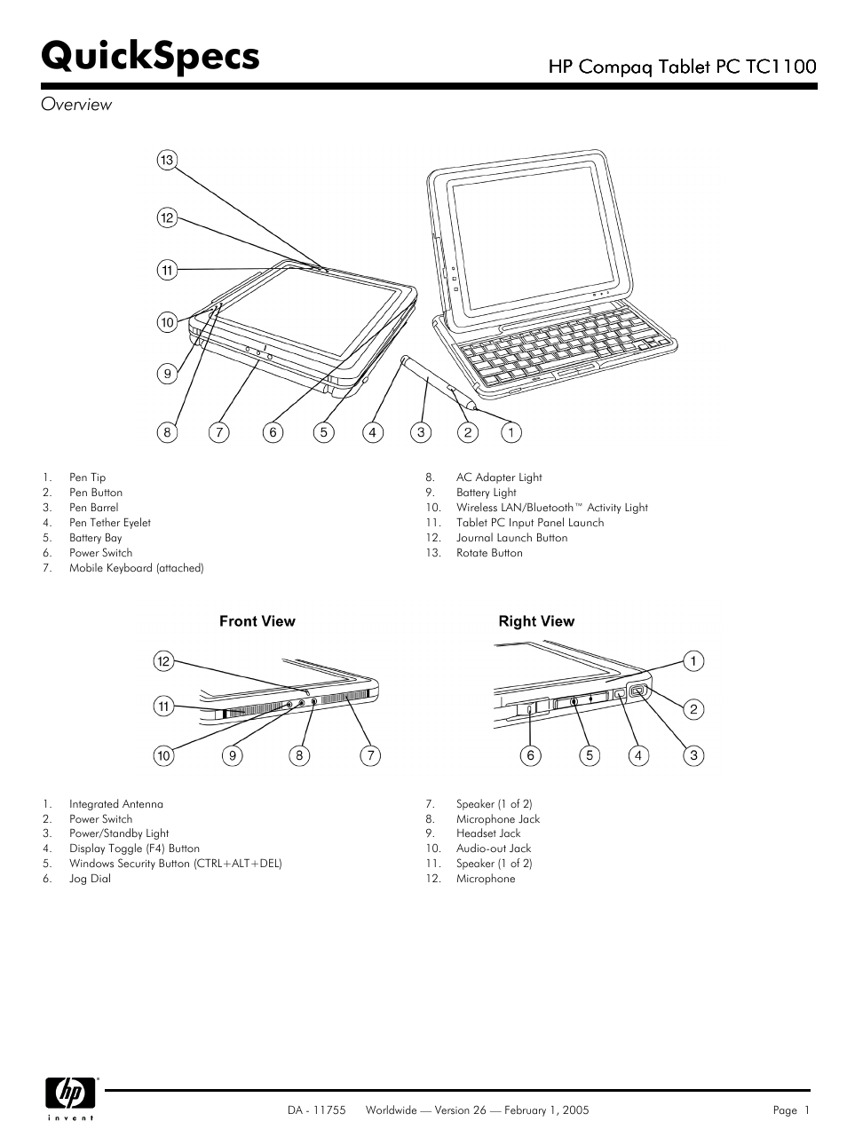 HP Compaq Tablet PC TC1 100 User Manual | 23 pages