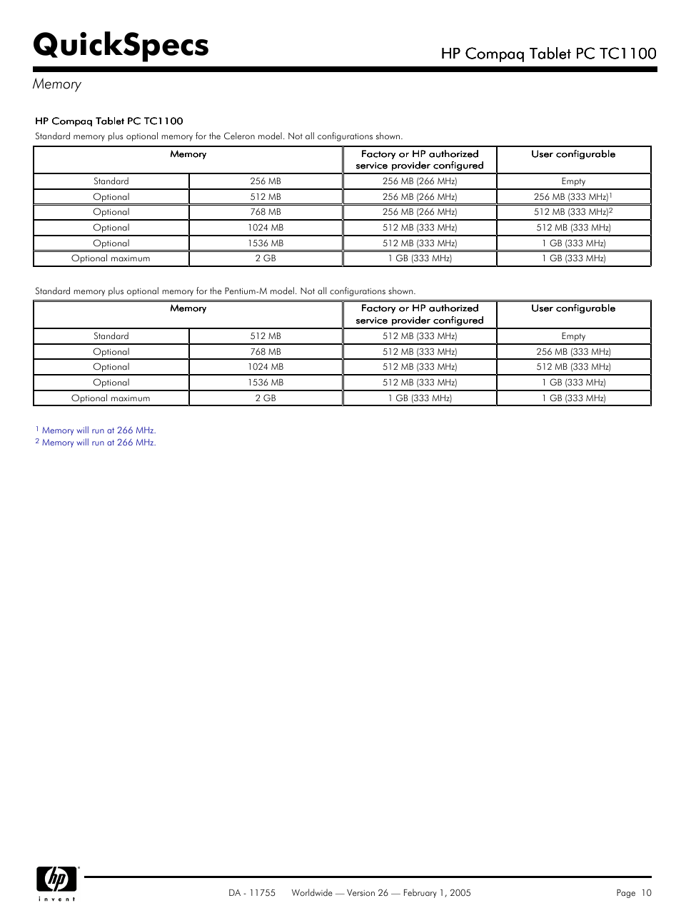 Memory, Quickspecs, Hp compaq tablet pc tc1100 | HP Compaq Tablet PC TC1 100 User Manual | Page 10 / 23