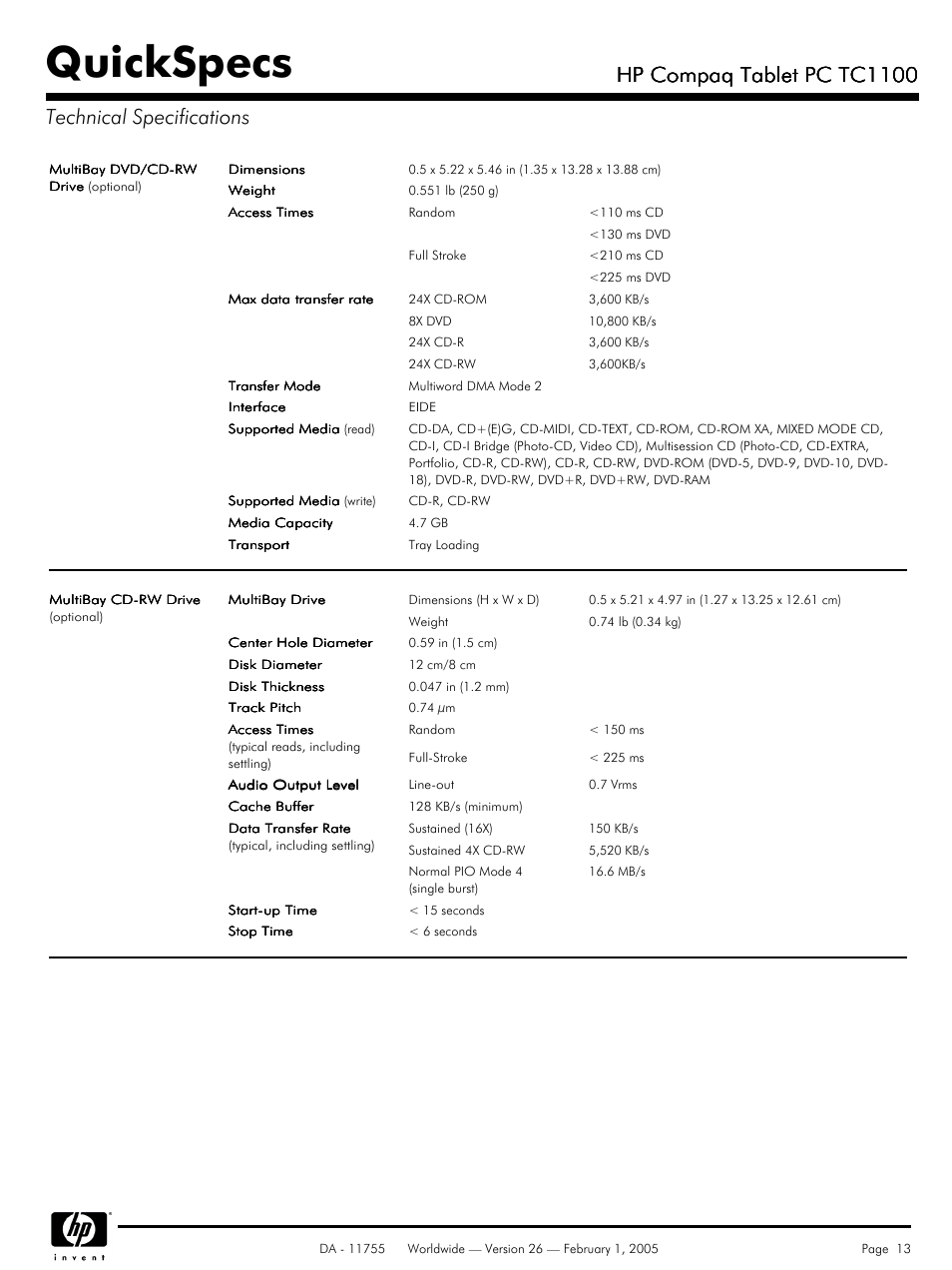 Quickspecs, Hp compaq tablet pc tc1100 | HP Compaq Tablet PC TC1 100 User Manual | Page 13 / 23