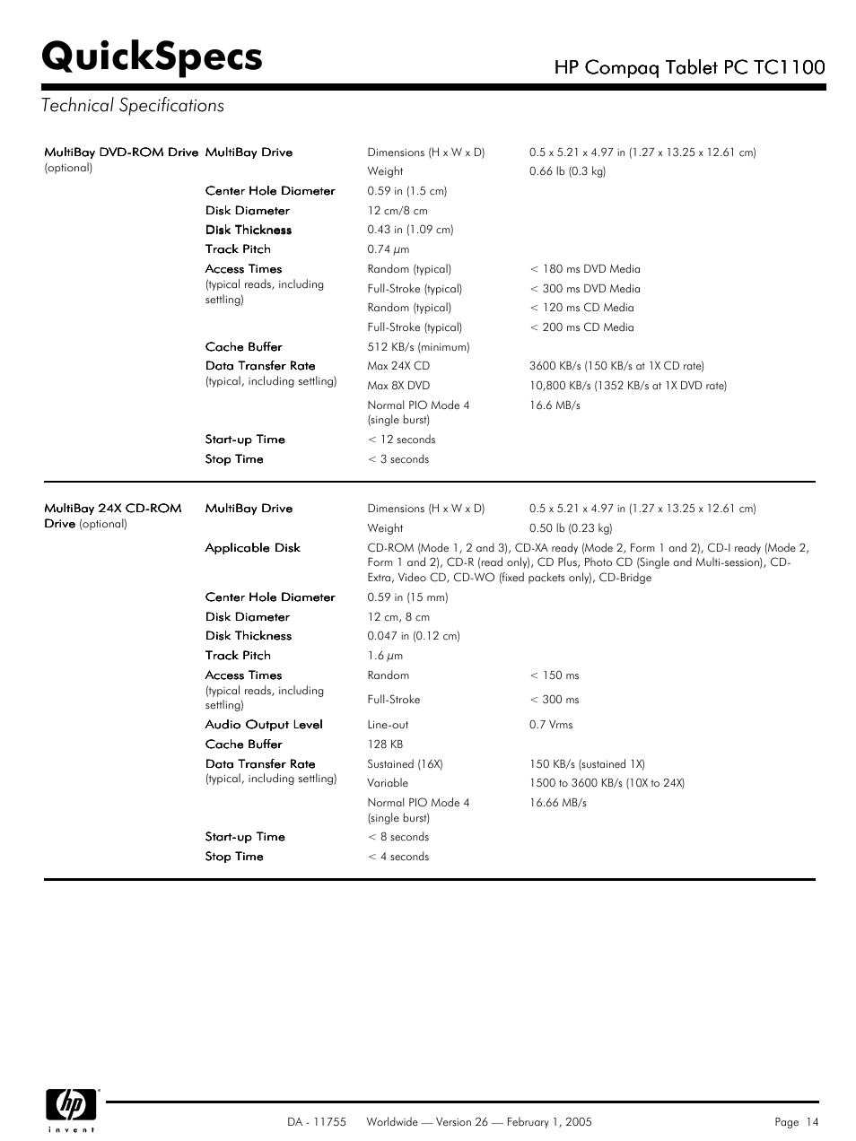 Quickspecs, Hp compaq tablet pc tc1100 | HP Compaq Tablet PC TC1 100 User Manual | Page 14 / 23