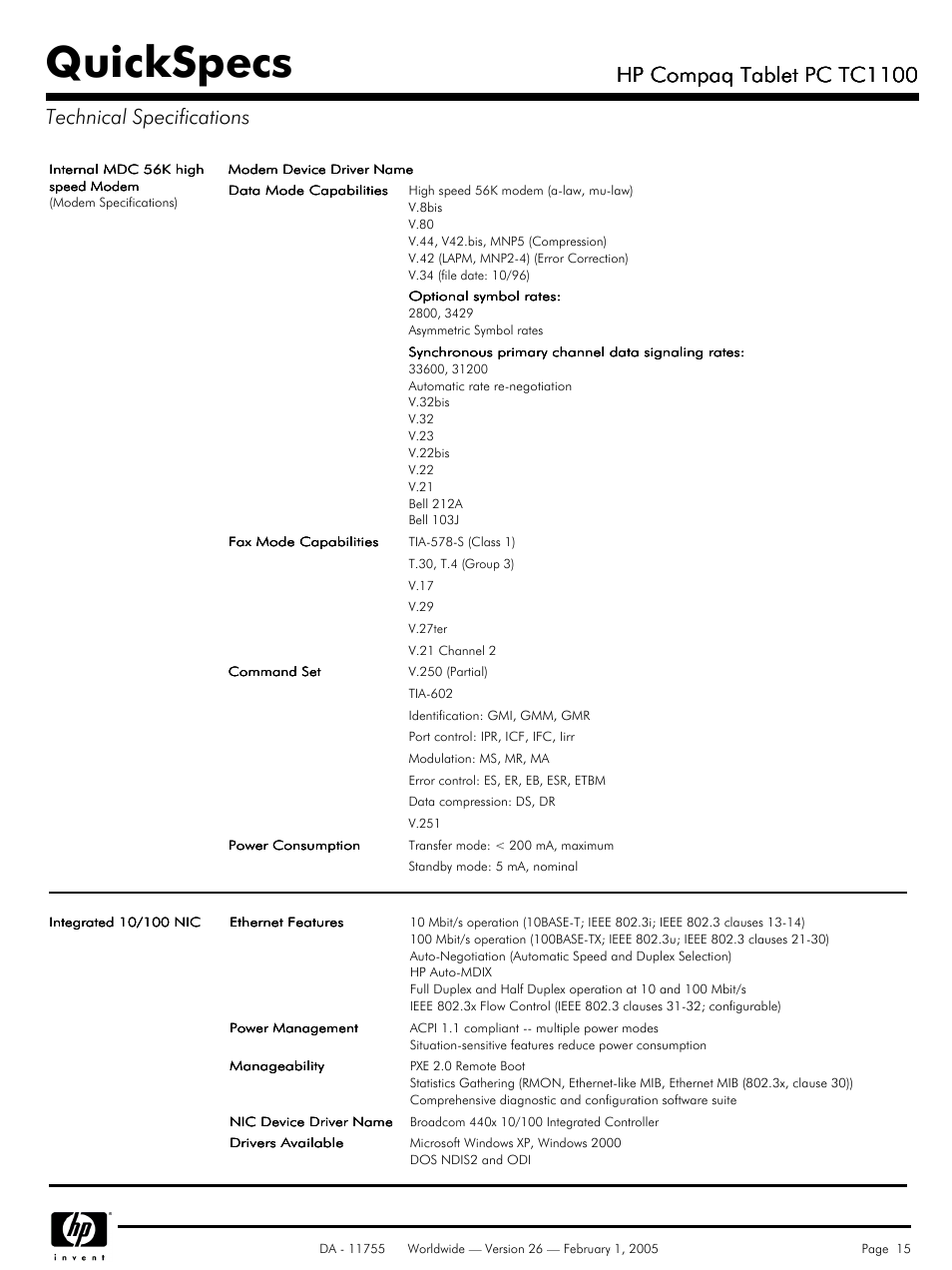 Quickspecs, Hp compaq tablet pc tc1100 | HP Compaq Tablet PC TC1 100 User Manual | Page 15 / 23