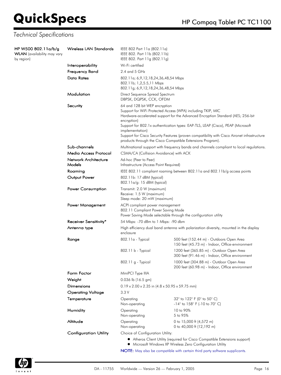 Quickspecs, Hp compaq tablet pc tc1100 | HP Compaq Tablet PC TC1 100 User Manual | Page 16 / 23