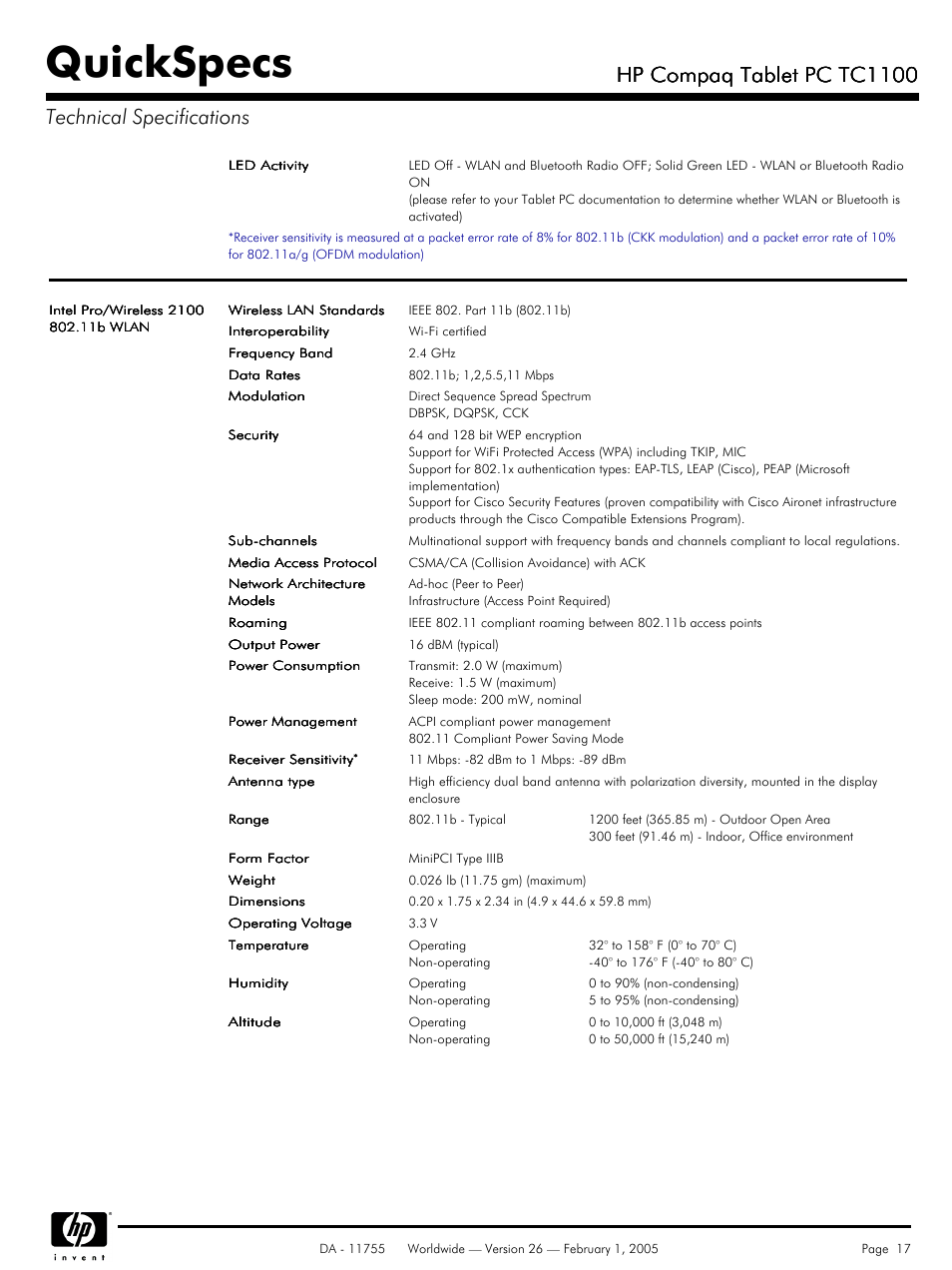 Quickspecs, Hp compaq tablet pc tc1100 | HP Compaq Tablet PC TC1 100 User Manual | Page 17 / 23