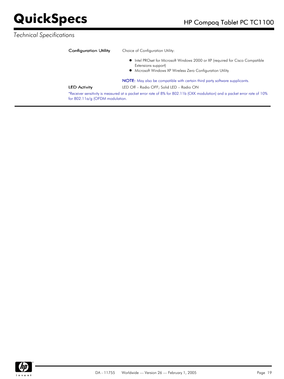 Quickspecs, Hp compaq tablet pc tc1100 | HP Compaq Tablet PC TC1 100 User Manual | Page 19 / 23
