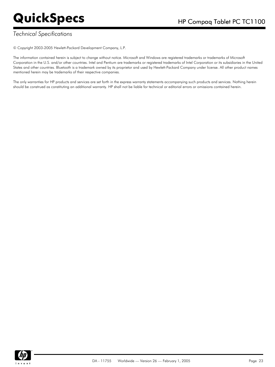 Quickspecs | HP Compaq Tablet PC TC1 100 User Manual | Page 23 / 23