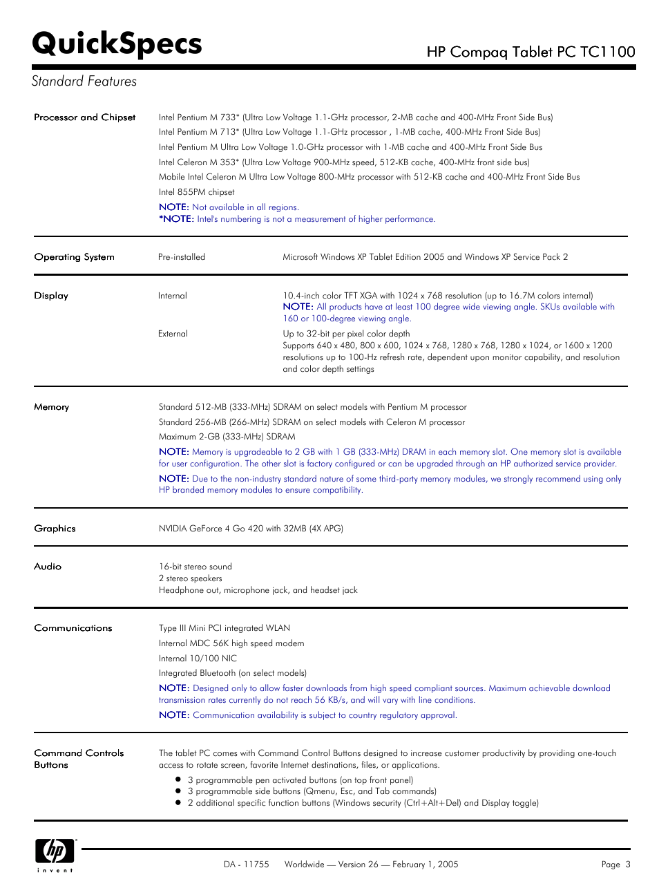 Standard features, Quickspecs, Hp compaq tablet pc tc1100 | Hp compaq tablet pc tc1100 standard features | HP Compaq Tablet PC TC1 100 User Manual | Page 3 / 23