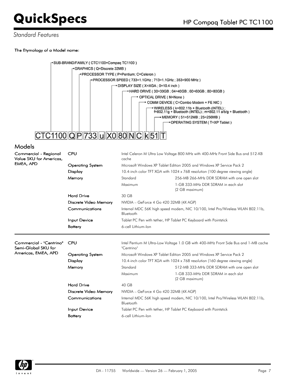 Quickspecs, Hp compaq tablet pc tc1100, Hp compaq tablet pc tc1100 standard features | Models | HP Compaq Tablet PC TC1 100 User Manual | Page 7 / 23