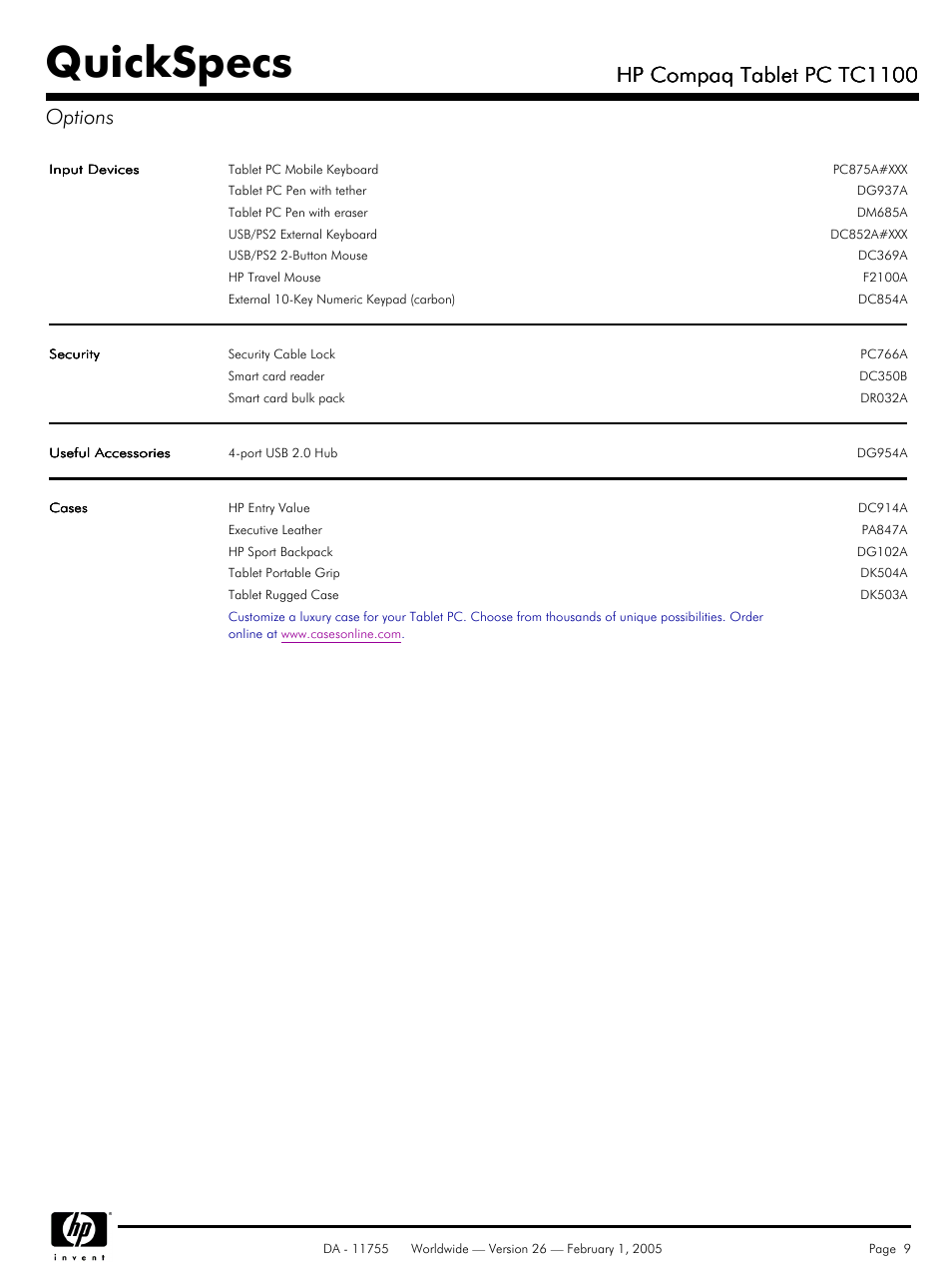 Quickspecs, Hp compaq tablet pc tc1100, Hp compaq tablet pc tc1100 options | HP Compaq Tablet PC TC1 100 User Manual | Page 9 / 23