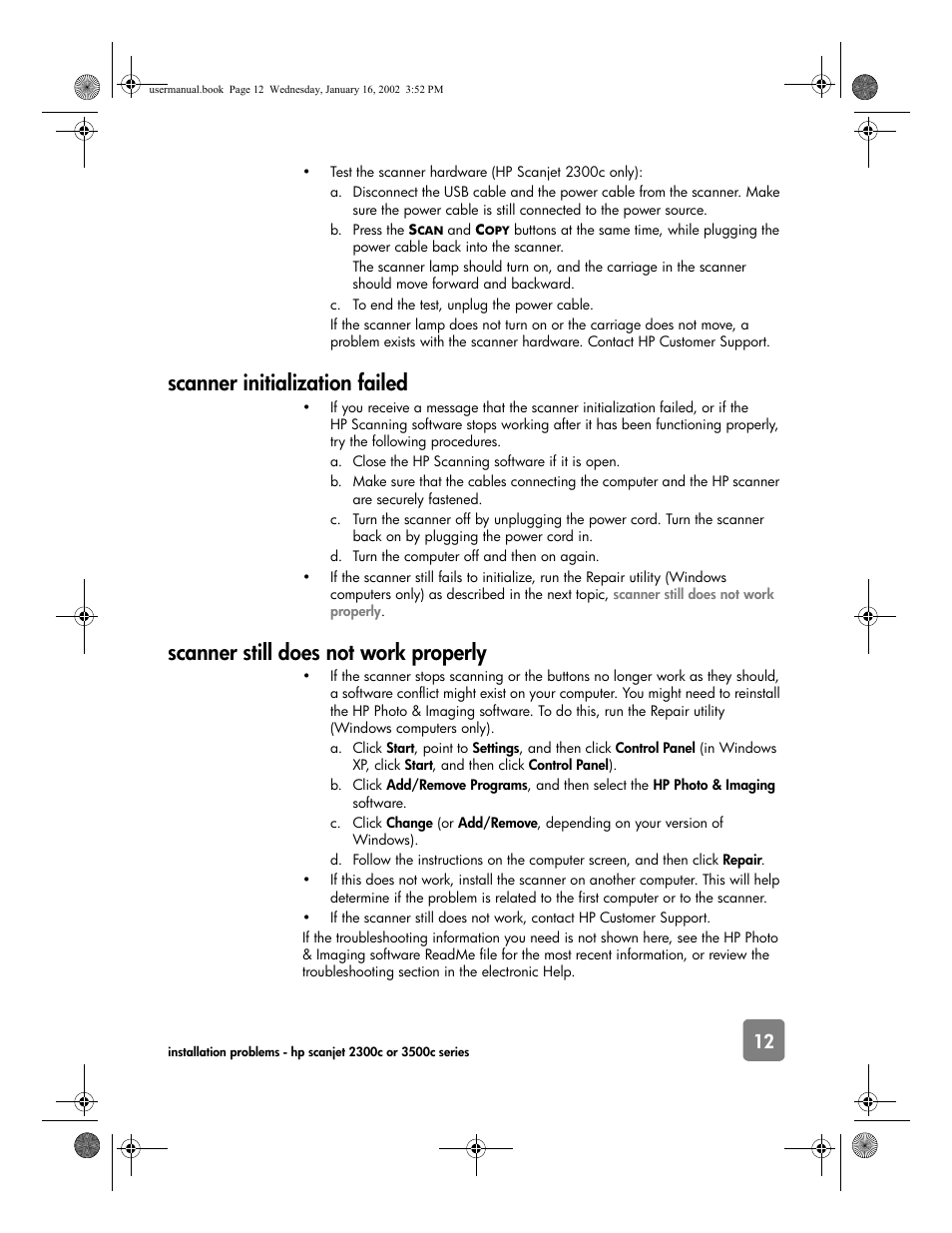 Scanner initialization failed, Scanner still does not work properly | HP 2300c Series User Manual | Page 17 / 26