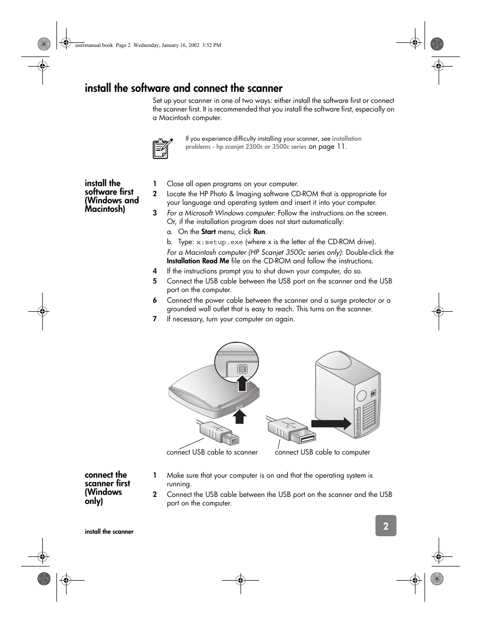 Install the software and connect the scanner | HP 2300c Series User Manual | Page 7 / 26