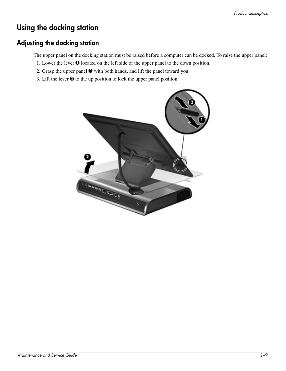 Using the docking station, Adjusting the docking station, Using the docking station –9 | Adjusting the docking station –9 | HP 463777-001 User Manual | Page 14 / 42
