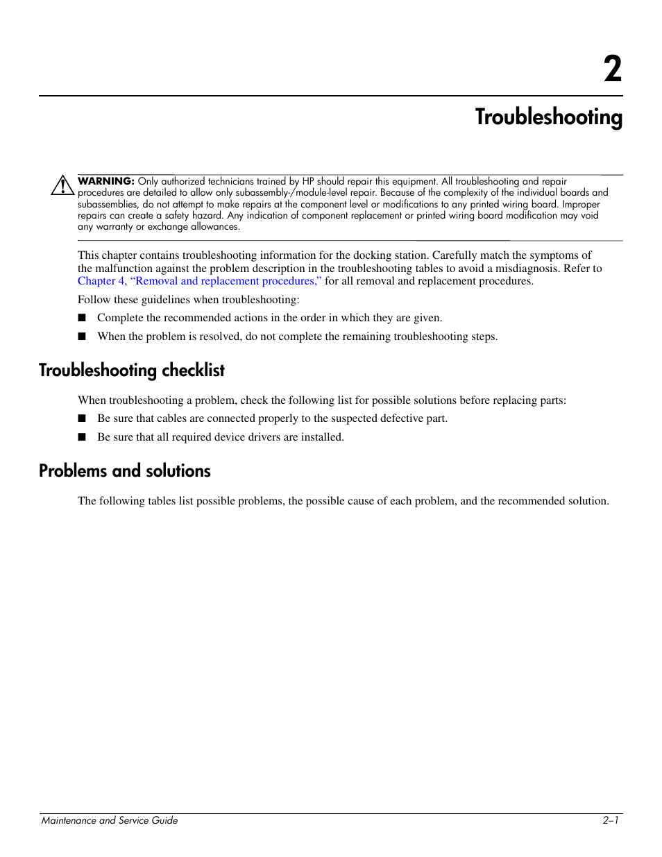 Troubleshooting, Troubleshooting checklist, Problems and solutions | 2 troubleshooting | HP 463777-001 User Manual | Page 21 / 42